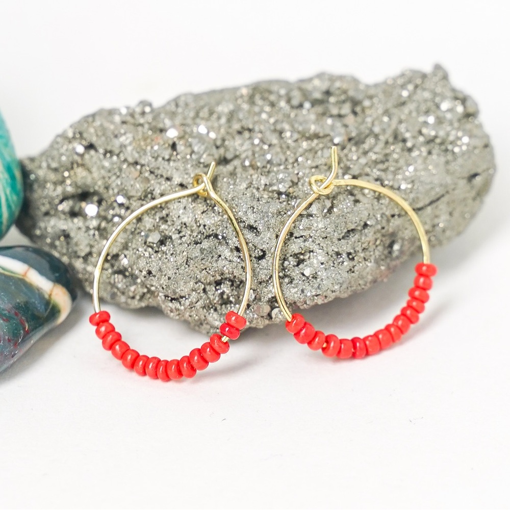 Seed Bead Hoop Earrings Handmade Red Brass Nickel Free